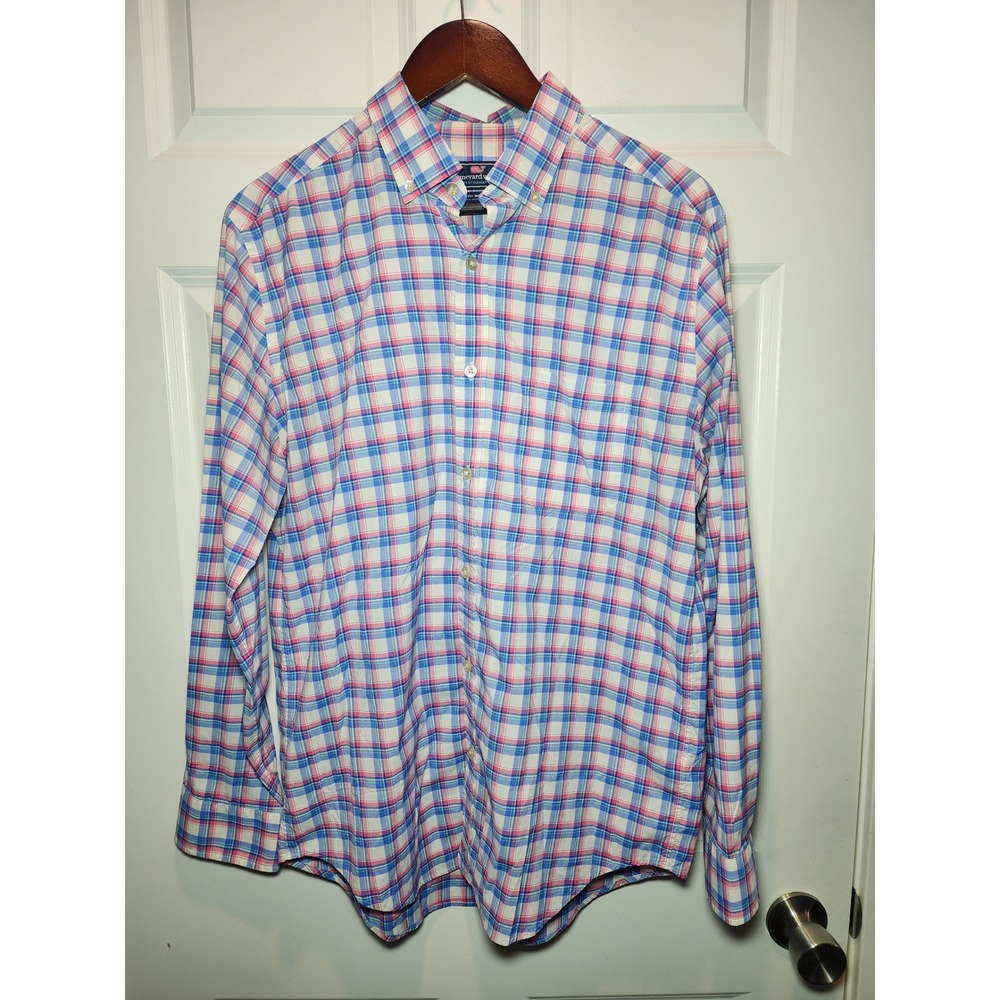 Vineyard Vines Performance Murray Shirt Men's Medium Blue Pink Plaid Classic Fit